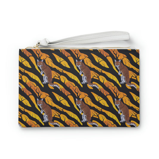 Bobcat in Spooky Forest Clutch Bag, Yellow Cat Purse, Vegan Leather Small Clutch, Bridesmaid Evening Clutch, Cat Lover Gift