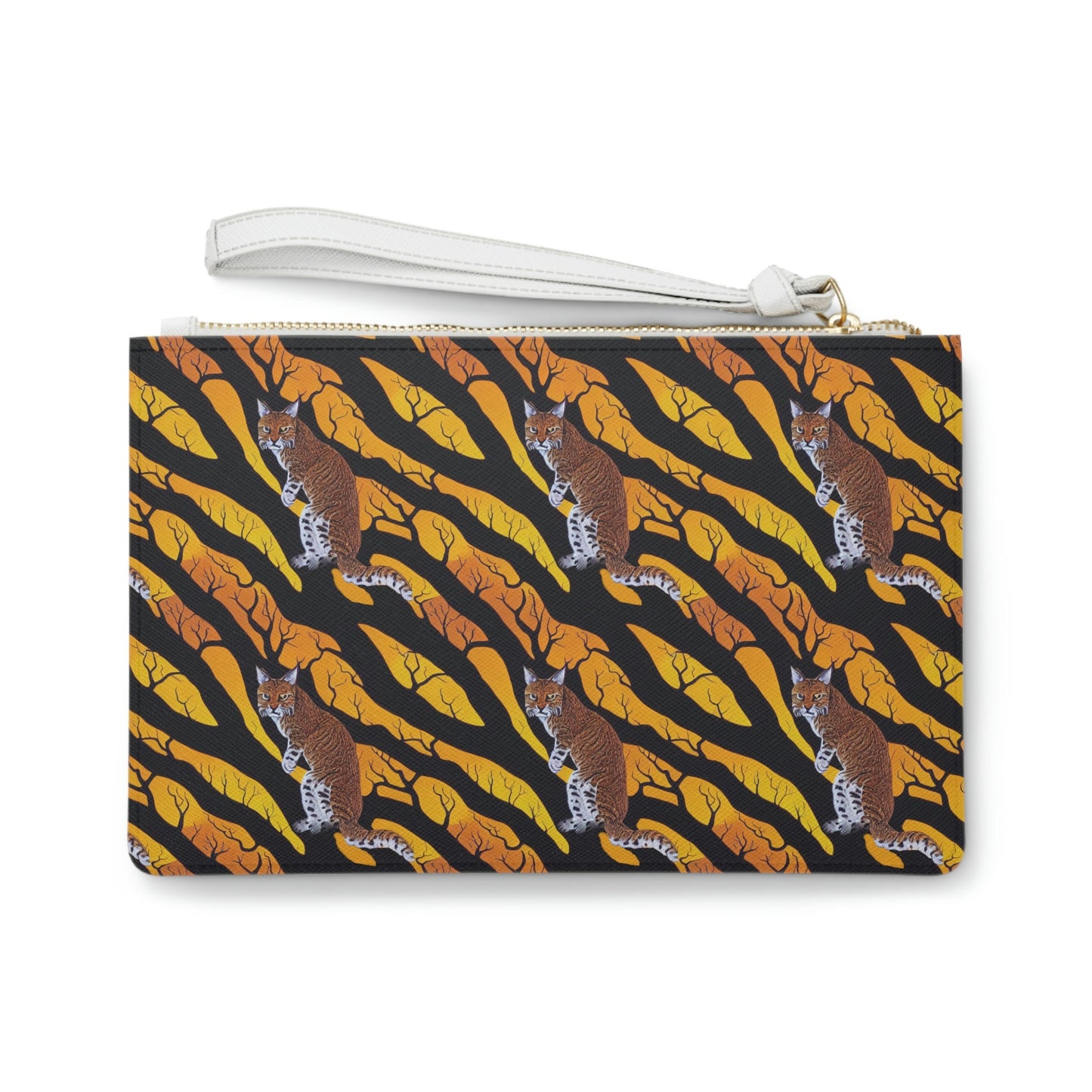 Bobcat in Spooky Forest Clutch Bag, Yellow Cat Purse, Vegan Leather Small Clutch, Bridesmaid Evening Clutch, Cat Lover Gift
