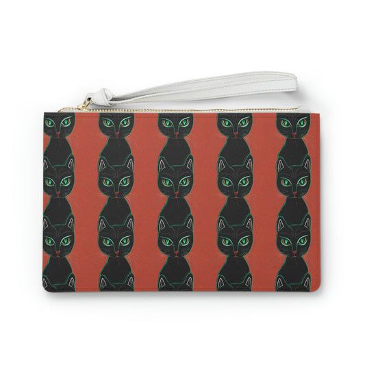 Black Cat Purse, Green Eyed Cat Pattern Clutch Bag, Small Make Up Bag, Vegan Leather Zipper Bag, Cat Lover Gift