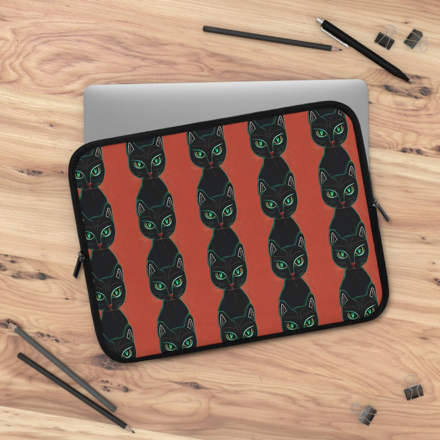 Green Eyed Cat Pattern Laptop Sleeve, Spooky Cats Laptop Travel Case, Laptop Organizer Zipper Pouch, Laptop Accessories, Laptop Case