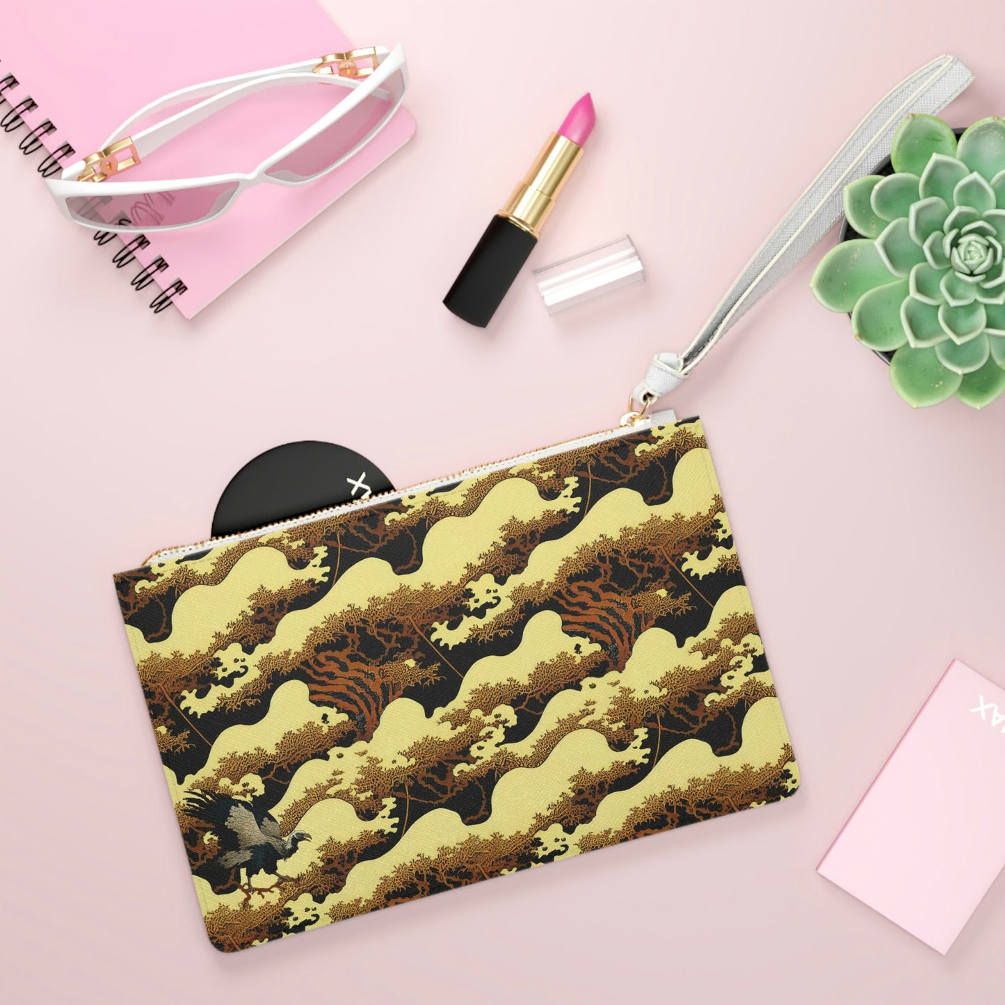 Gold Clutch Bag For Women, Small Forest Vulture Wedding Clutch, Vegan Leather Make Up Bag, Clutch Bag Gift For Woman