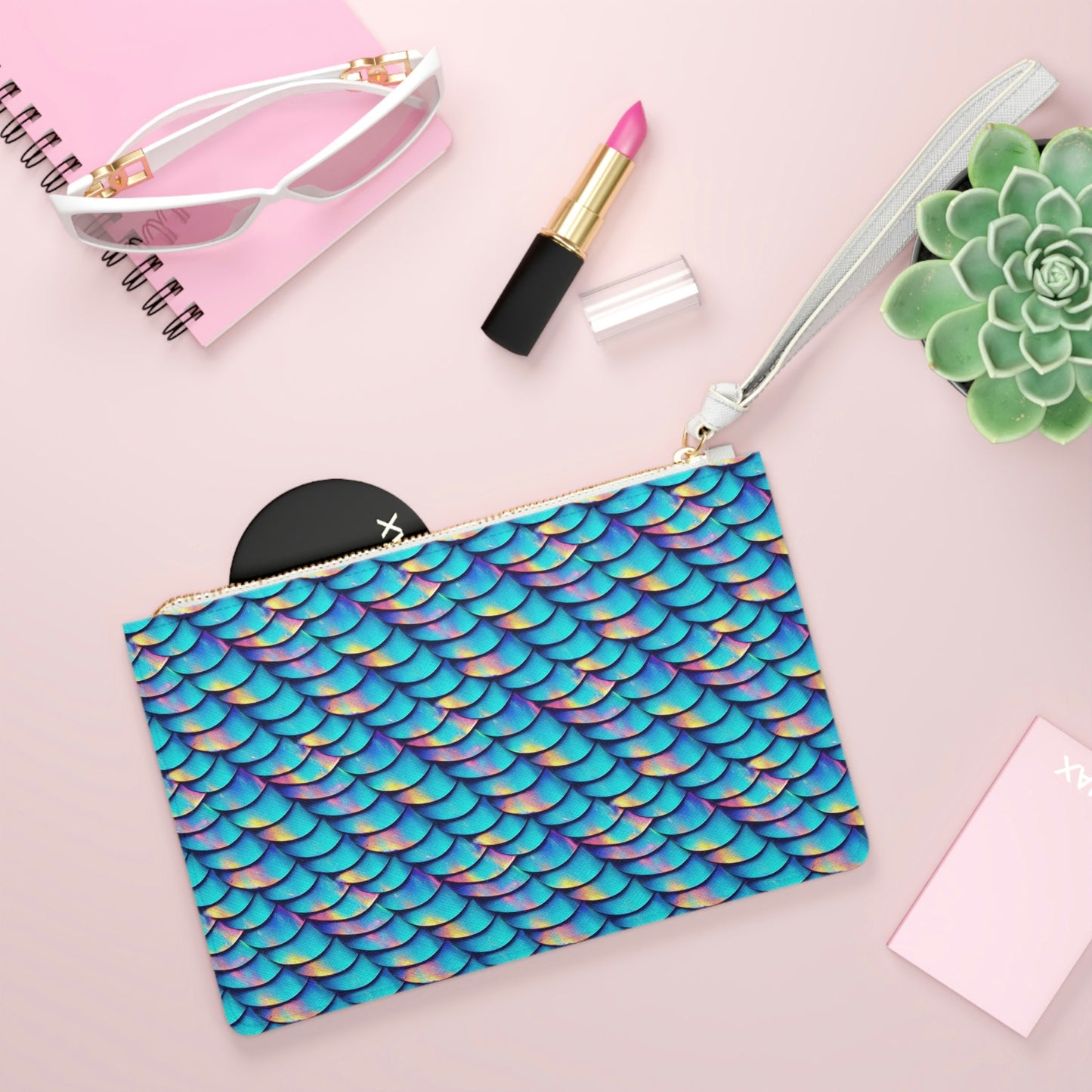Mermaid Scales Clutch Bag, Vegan Leather Zipper Bag, Bridesmaid Clutch, Bachelorette Bag For Women, Cosmetic Bag