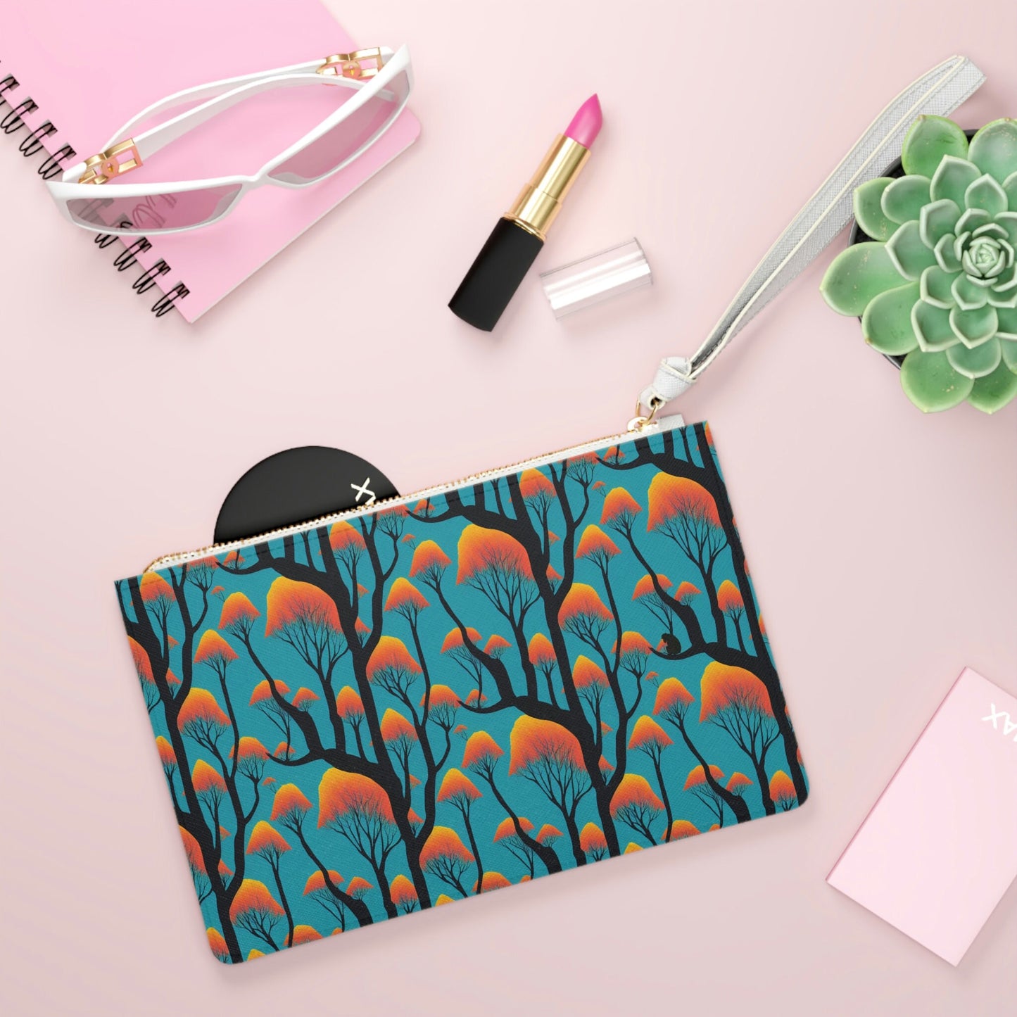 Blue Orange Purse, Orange Forest Clutch Bag, Vegan Leather Wedding Clutch, Make Bag For Women, Bridesmaid Gift Bag