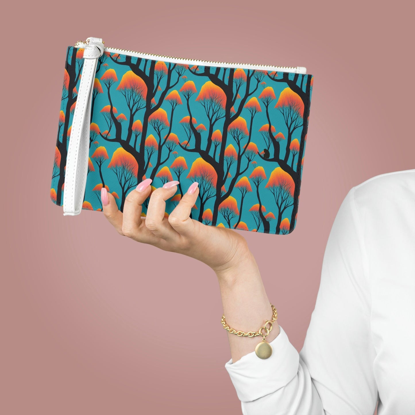 Blue Orange Purse, Orange Forest Clutch Bag, Vegan Leather Wedding Clutch, Make Bag For Women, Bridesmaid Gift Bag