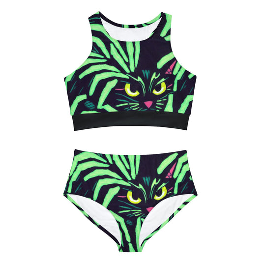 Yellow Eyed Cat Print Sporty Bikini Set, High Waisted Sexy Bikini Set, Green Womens Bikini Set, Summer Bikini Gift For Women