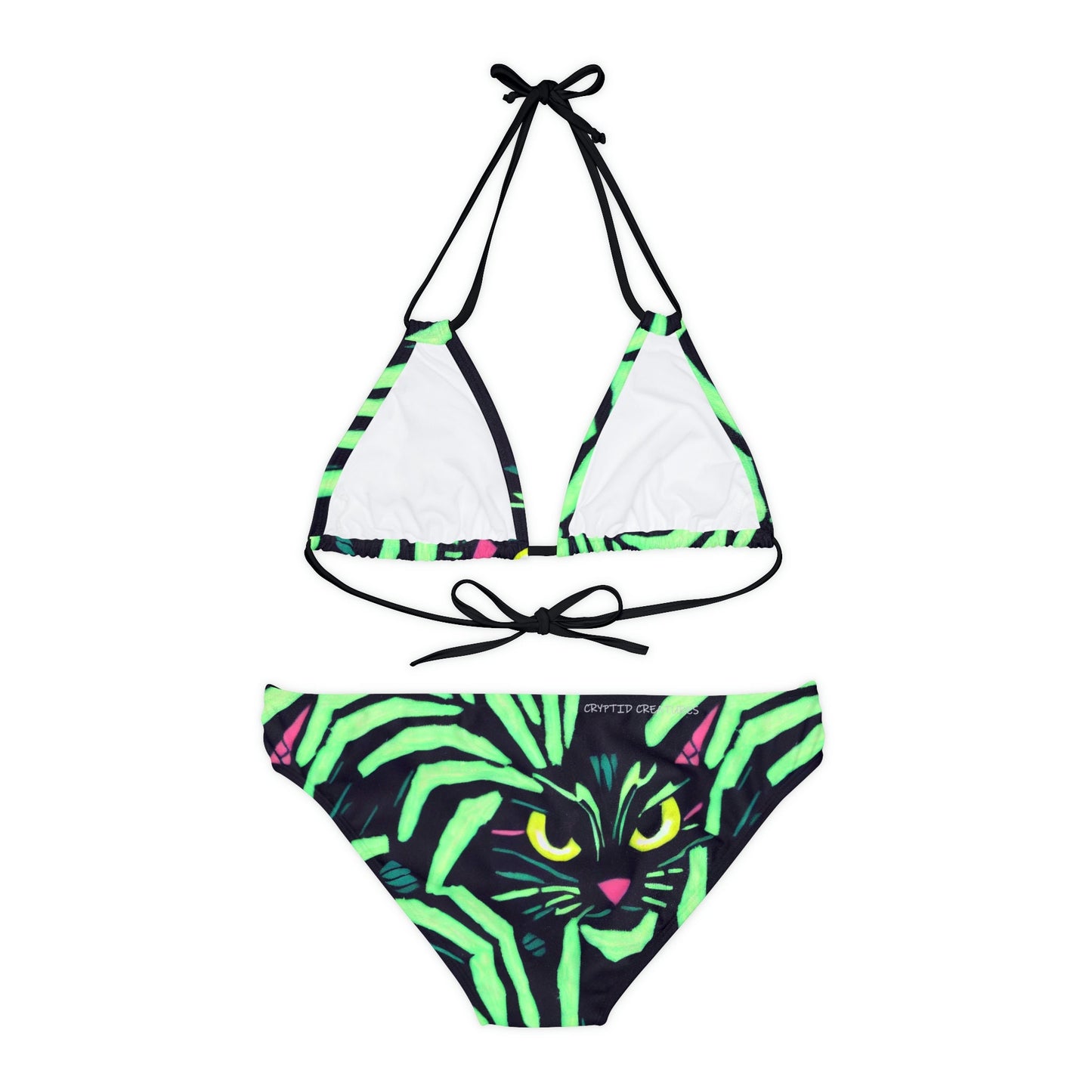 Yellow Eyed Cat Print Strappy Bikini Set, Tiny Sexy Bikini Set, Green Womens Bikini Set, Summer Clothing, Cat Lover Gift