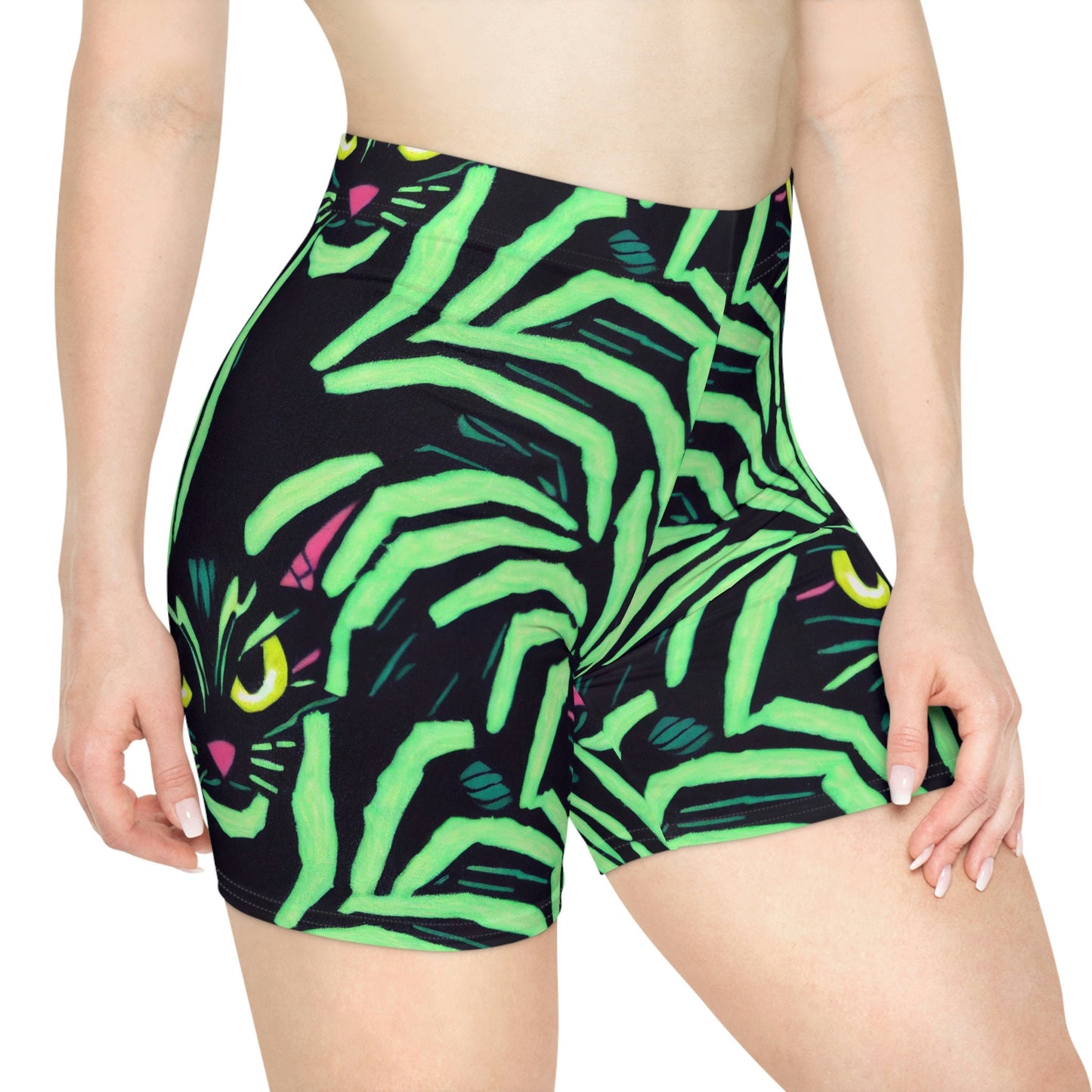 Green Pattern Yellow Eyed Cat Women Biker Shorts, Spooky Cats Workout Shorts, Cat Clothing Gym Shorts, Sexy Booty Shorts