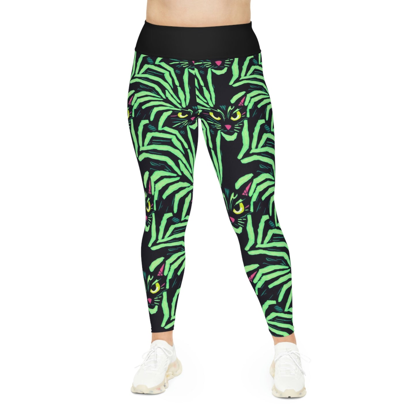 Yellow Eyed Cat Plus Size Leggings, Green Pattern Leggings, Spooky Leggings, Workout Leggings, Fitness Leggings