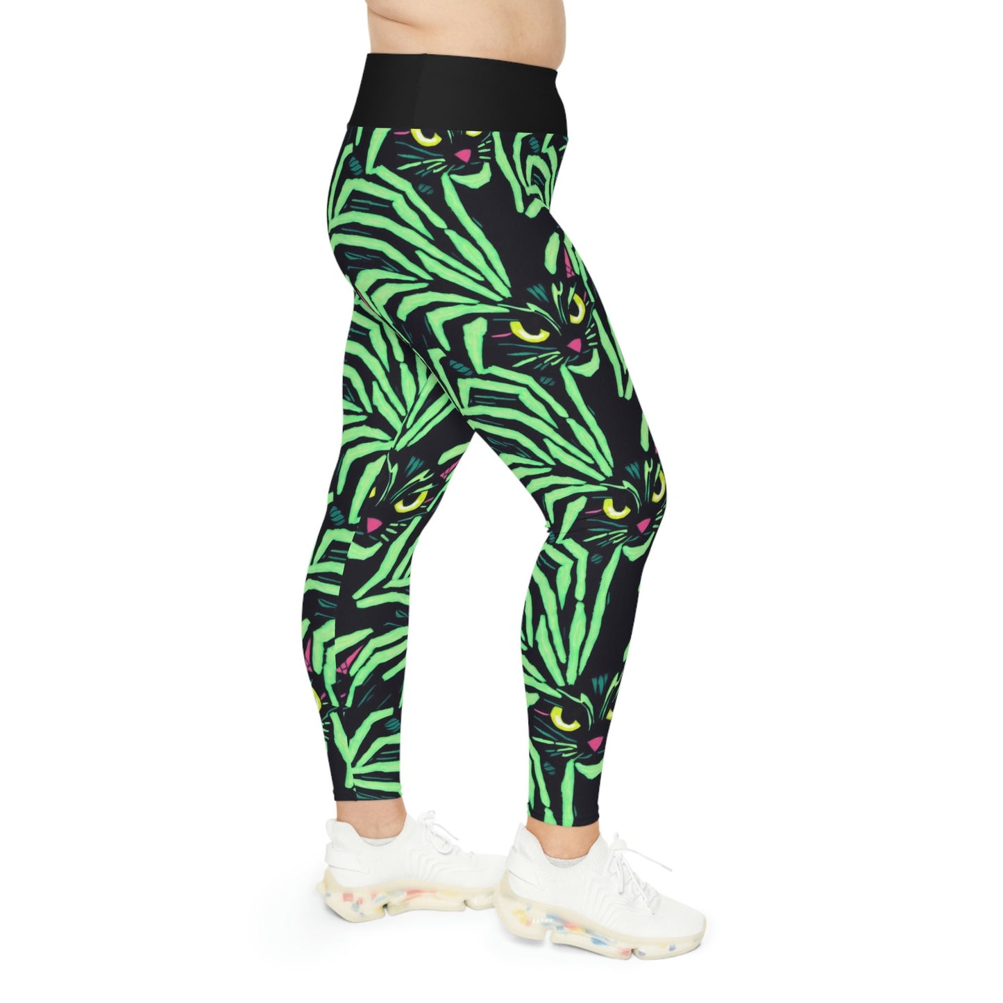 Yellow Eyed Cat Plus Size Leggings, Green Pattern Leggings, Spooky Leggings, Workout Leggings, Fitness Leggings