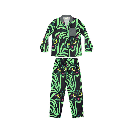 Yellow Eyed Cat Pajamas Set Women, Green Pattern Satin Pajamas, Cat Clothing Animal Pajamas, Pjs for Women Clothing Set, Night Wear