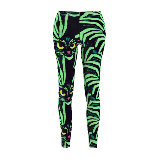 Yellow Eyed Cat Leggings, Spooky Leggings, Green Pattern Leggings, Cut & Sew Workout Leggings for Women, Fitness Leggings