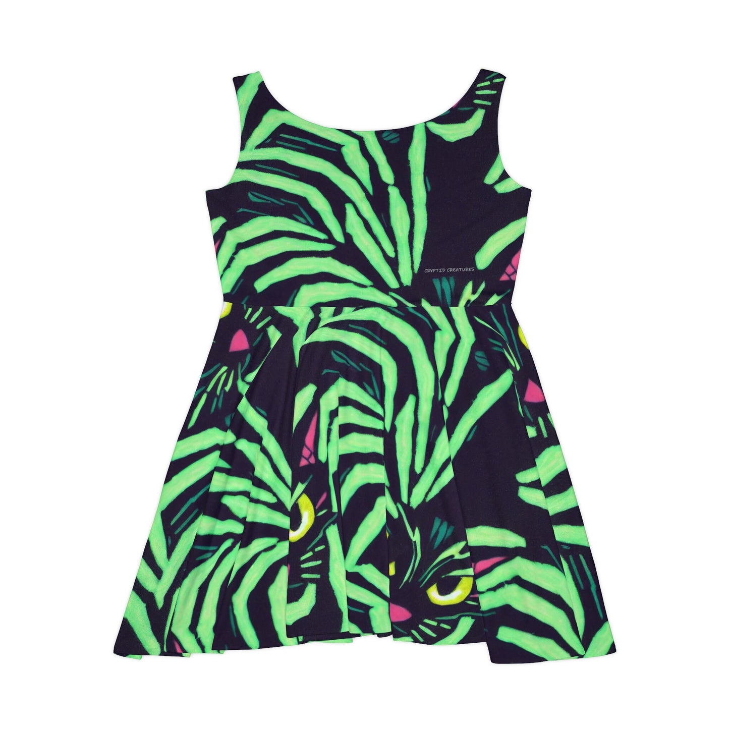 Yellow Eyed Cat Skater Dress, Green Pattern Sleeveless Dress, Spooky Cat Skater Dress for Women, Handmade Mini Skater Dress
