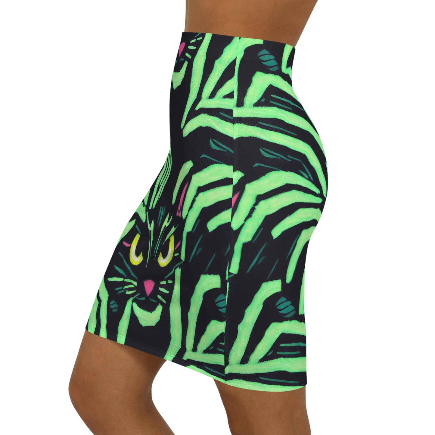 Yellow Eyed Cat Skater Skirt, Green Pattern Skater Skirt, Handmade Colorful Skirt, Animal Print Cat Eye Skirt, Spooky Skirt