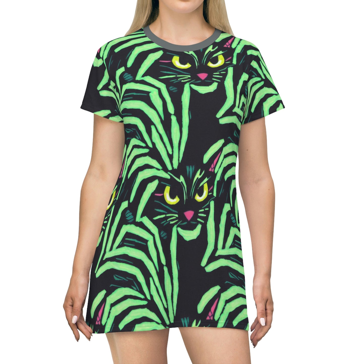 Yellow Eyed Cat Tshirt Dress, Oversized Spooky Cat Shirt Dress, Summer Women Tshirt, Aesthetic Shirt Cat Lover Gift