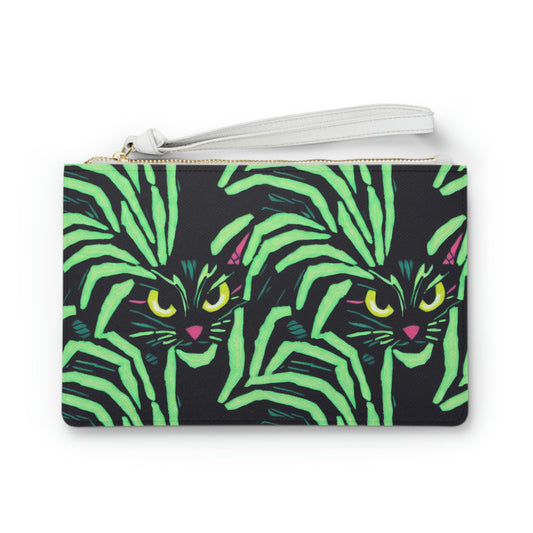 Yellow Eyed Cat Purse, Spooky Cats Clutch Bag, Green Pattern Halloween Bag, Vegan Leather Bridal Clutch, Small Zipper Clutch
