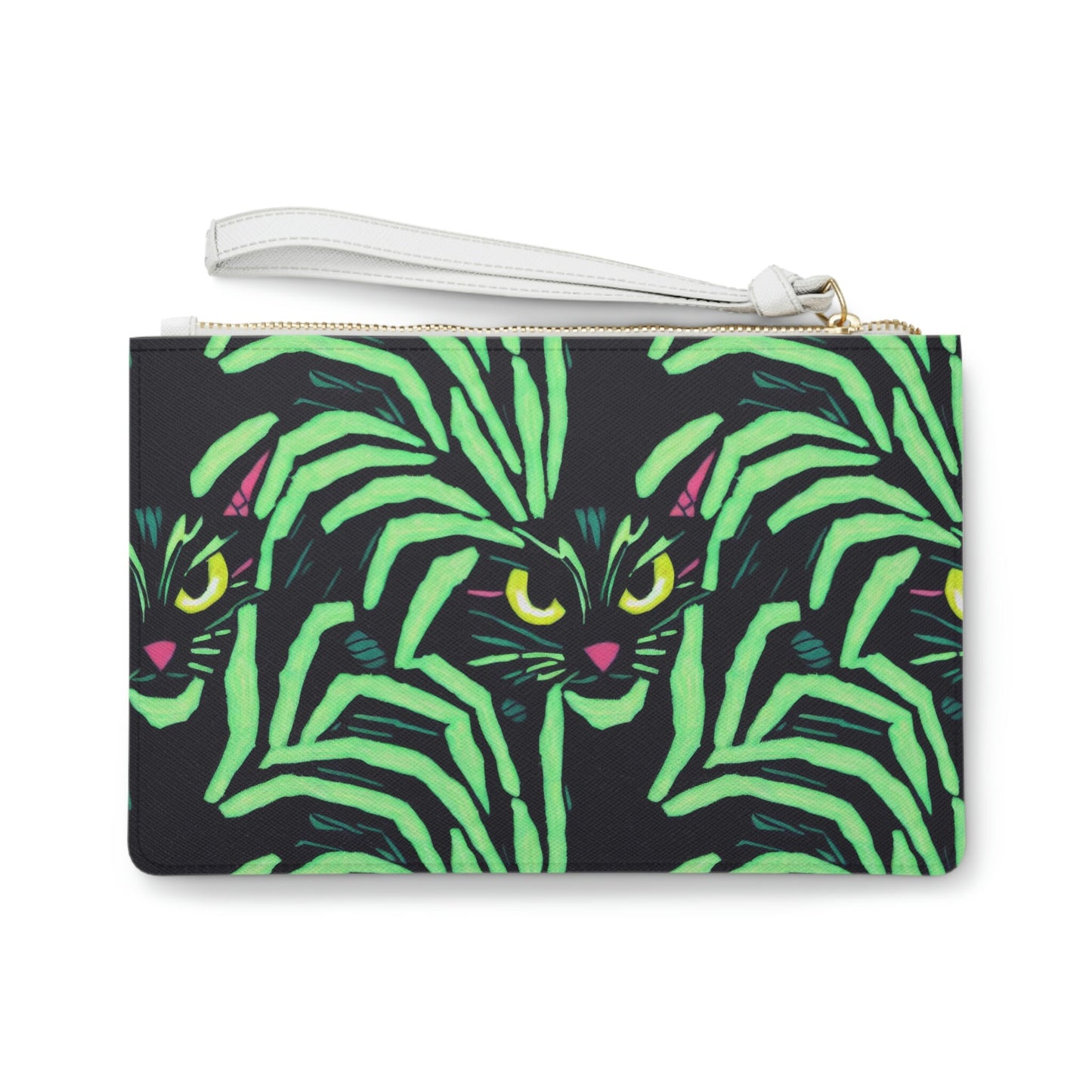 Yellow Eyed Cat Purse, Spooky Cats Clutch Bag, Green Pattern Halloween Bag, Vegan Leather Bridal Clutch, Small Zipper Clutch