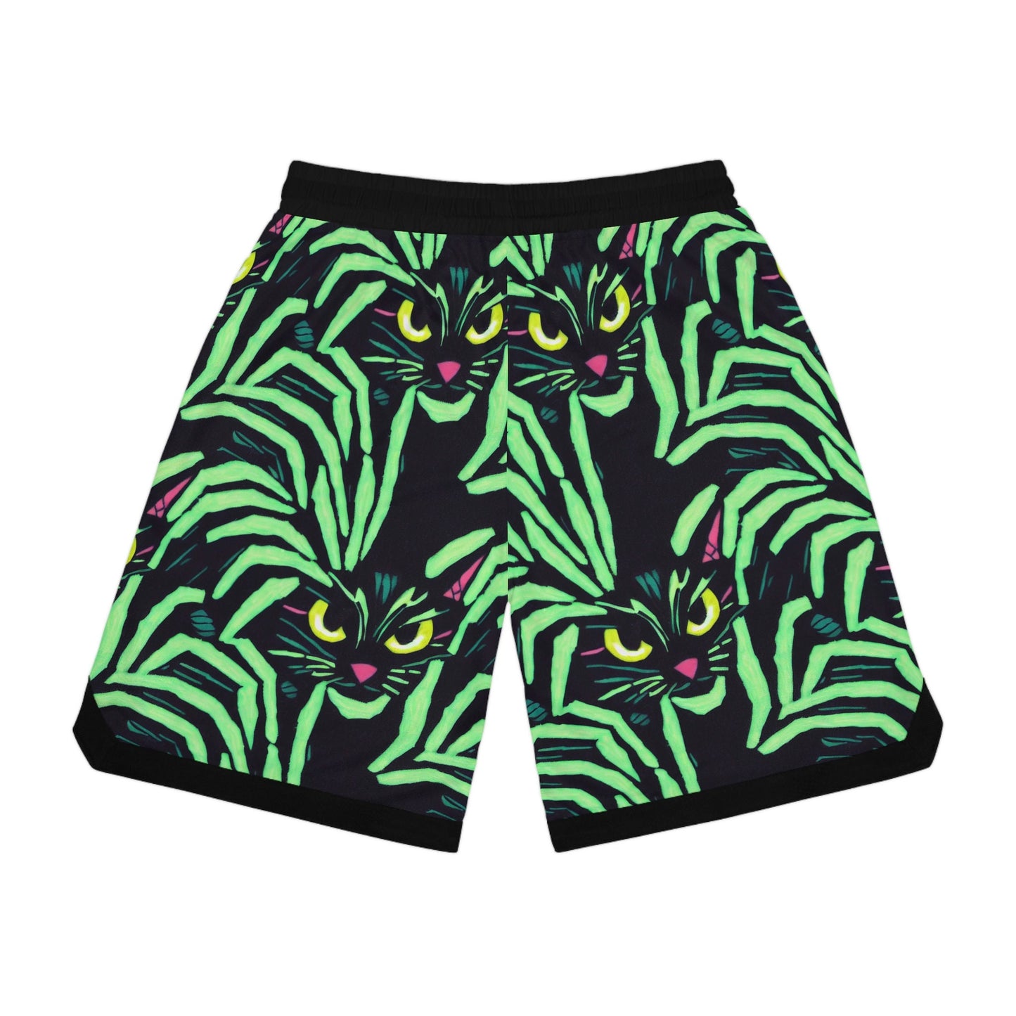 Yellow Eyed Cat Basketball Shorts, Green Pattern Spooky Cats Athletic Shorts, Animal Clothing High Waisted Shorts, Graphic Shorts