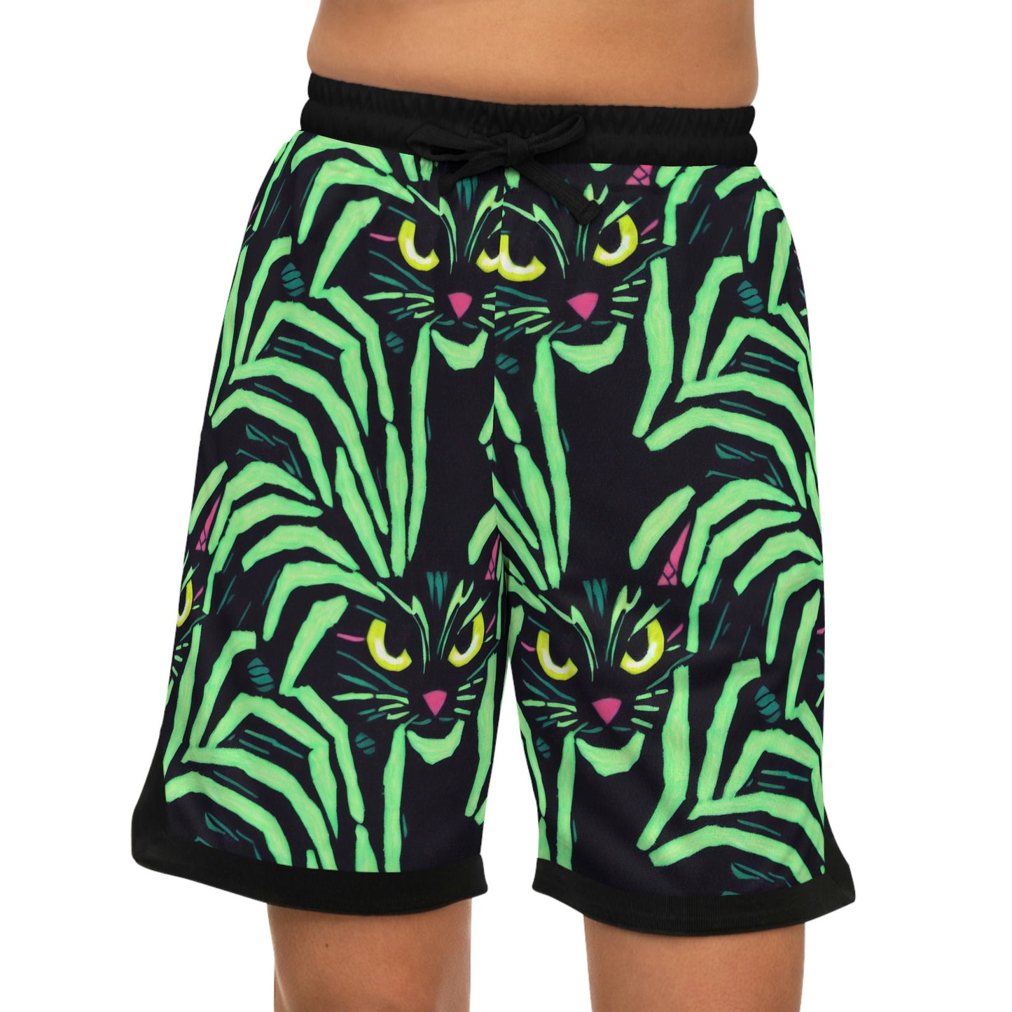 Yellow Eyed Cat Basketball Shorts, Green Pattern Spooky Cats Athletic Shorts, Animal Clothing High Waisted Shorts, Graphic Shorts