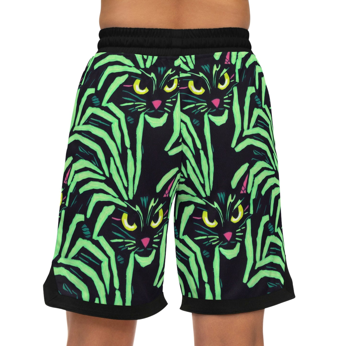 Yellow Eyed Cat Basketball Shorts, Green Pattern Spooky Cats Athletic Shorts, Animal Clothing High Waisted Shorts, Graphic Shorts