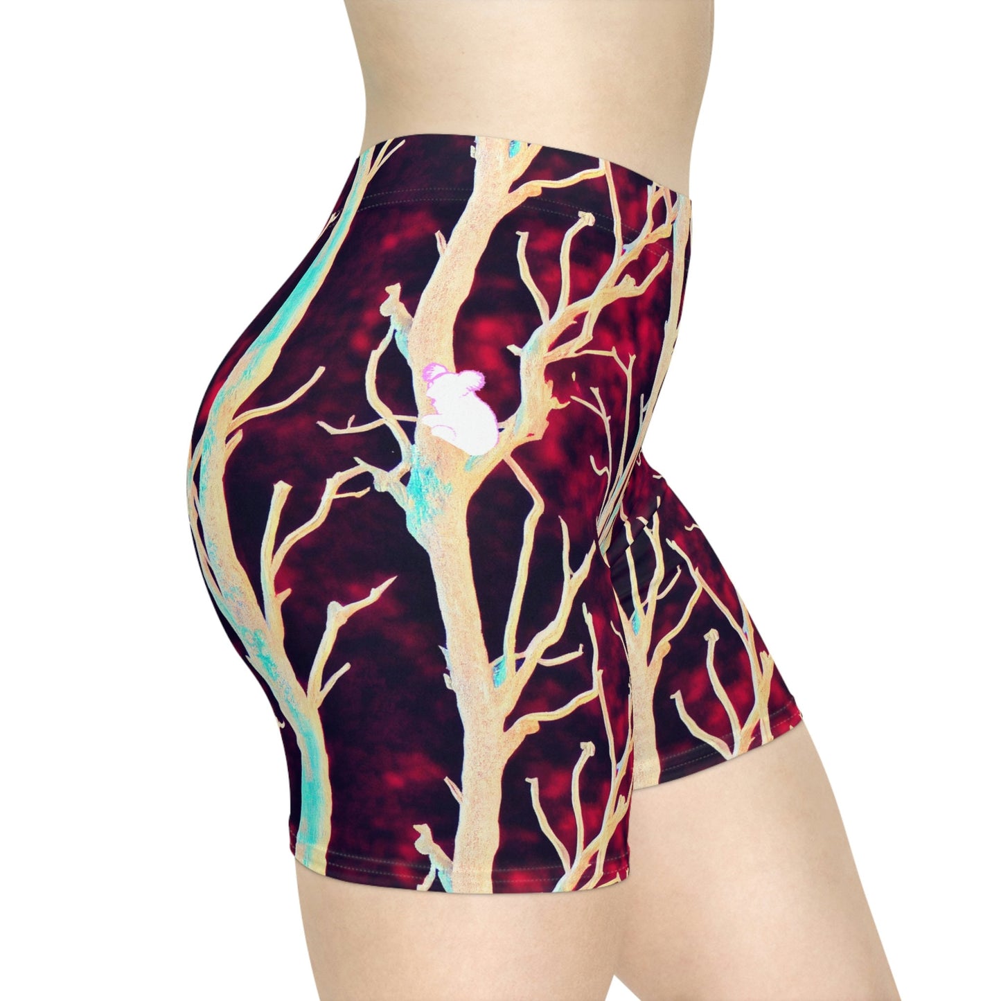 Purple Forest Koala Bear Women Biker Shorts, Animal Clothing Workout Shorts, Natural Clothing Gym Shorts, Sexy Booty Shorts
