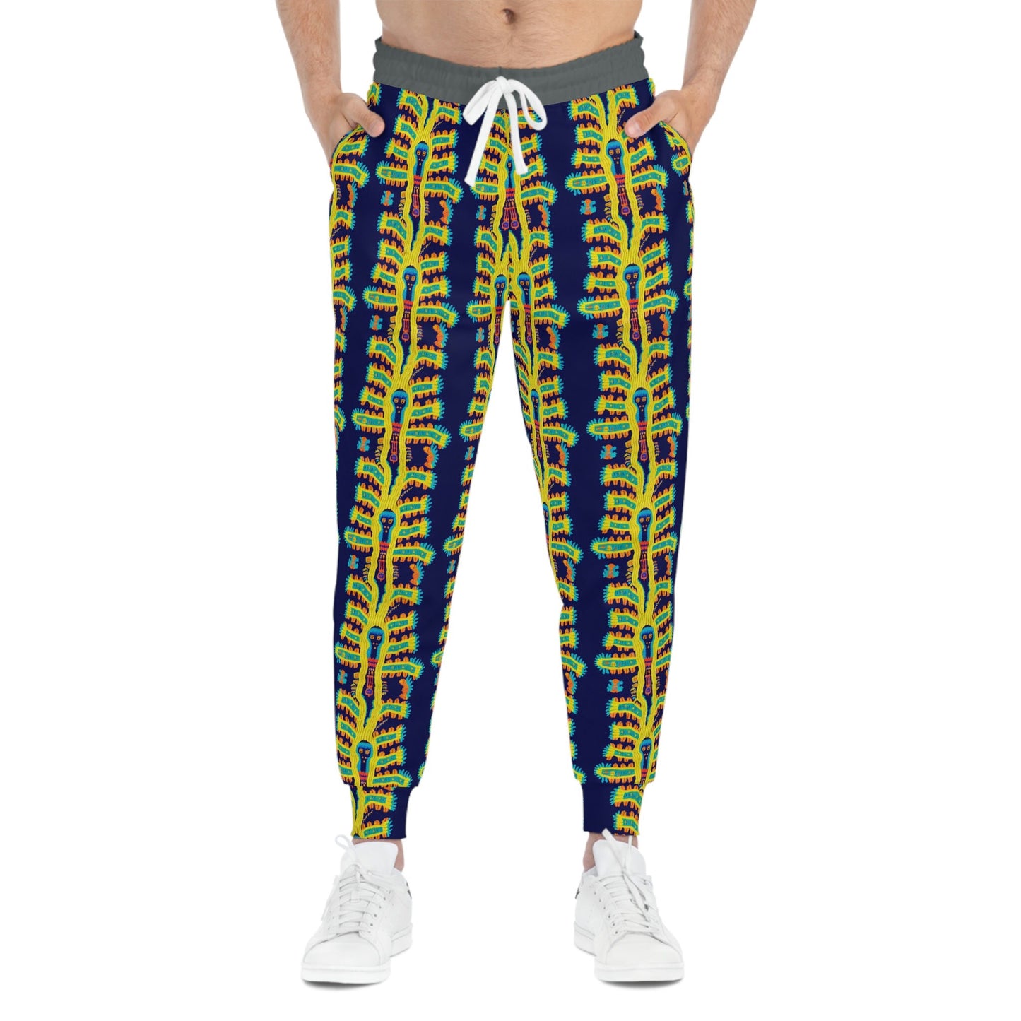 Cryptid Native Huichol Style Mens Joggers, Athletic Clothing High Waisted Joggers, Mens Yoga Pants, Comfy Workout Pants