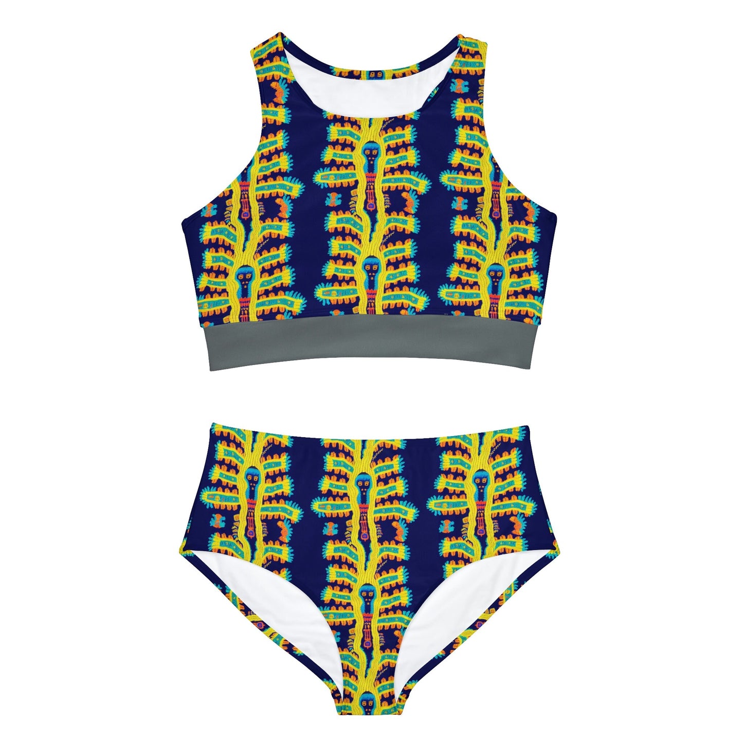 Blue and Yellow Bikini Set, Cryptid Native Huichol Style High Waisted Bikini, Girls Sexy Bikini Set, Beach Summer Clothing