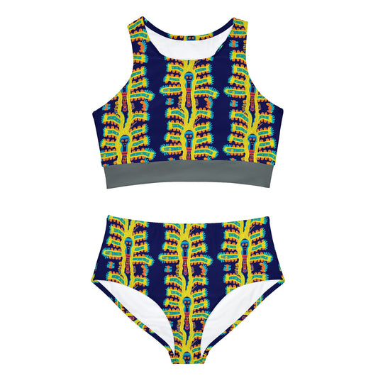 Blue and Yellow Bikini Set, Cryptid Native Huichol Style High Waisted Bikini, Girls Sexy Bikini Set, Beach Summer Clothing