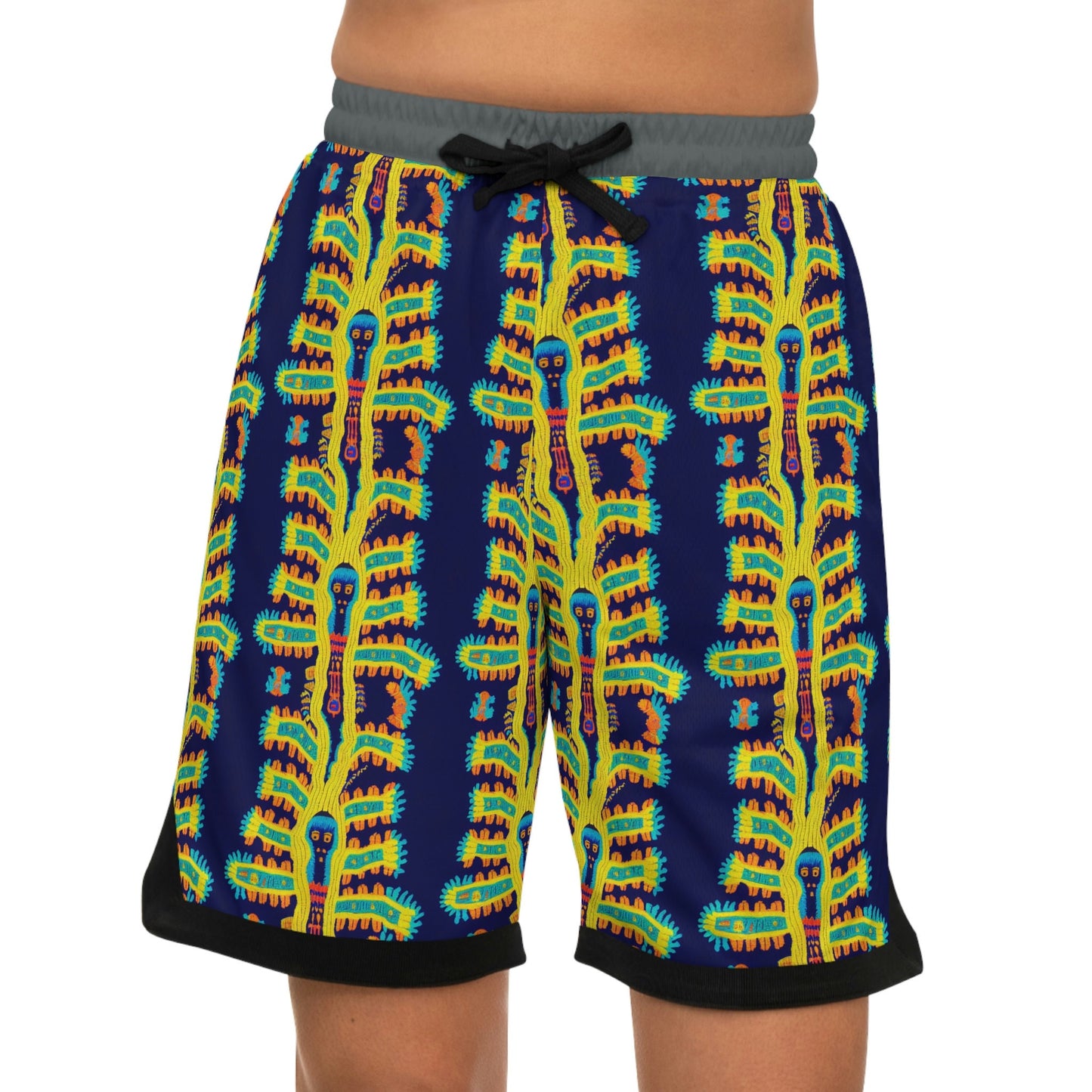 Cryptid Native Huichol Style Basketball Shorts, High Waisted Shorts, Streetwear Graphic Shorts, Polyester Athletic Shorts
