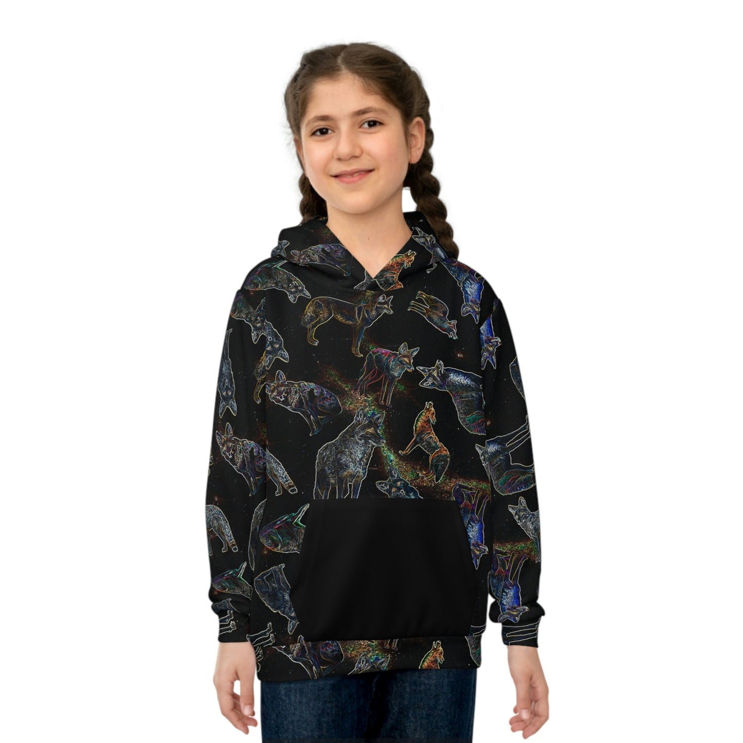 Coyote Galaxy, Children's fashion, Hoodie, Stylish pattern, High-quality material, Comfortable fit, Breathable fabric, space inspired, black