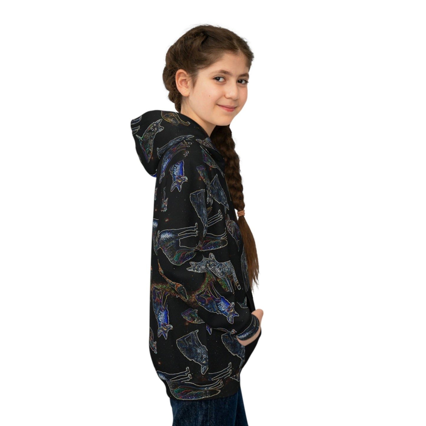 Coyote Galaxy, Children's fashion, Hoodie, Stylish pattern, High-quality material, Comfortable fit, Breathable fabric, space inspired, black