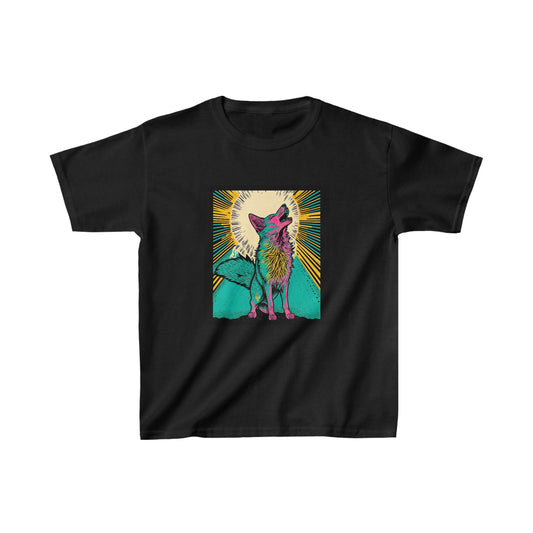 Coyote Galaxy Kids Heavy Cotton Tee, Children's Tshirt, Howling, Desert Sunrise, Stylish pattern, Unique design Trendy, Space-inspired, art